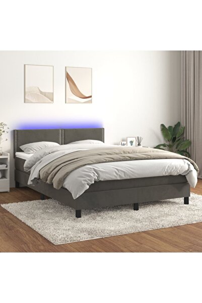 Concept Pat cu arcuri, saltea și LED, gri închis, 140x200 cm, catifea