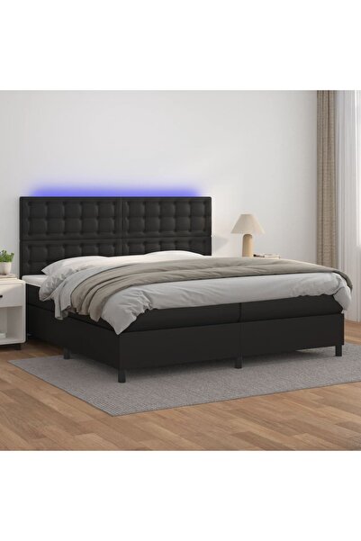 Concept Легло с пружини, матрак и LED, черно, 200x200 см, еко кожа