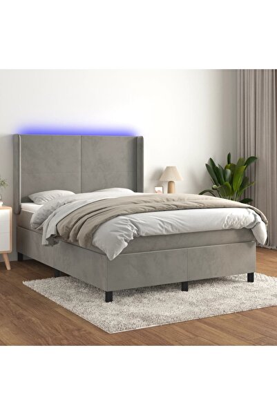 Concept Κρεβάτι με ελατήρια, στρώμα και LED, ανοιχτό γκρι, 140x200 cm, Βελούδο