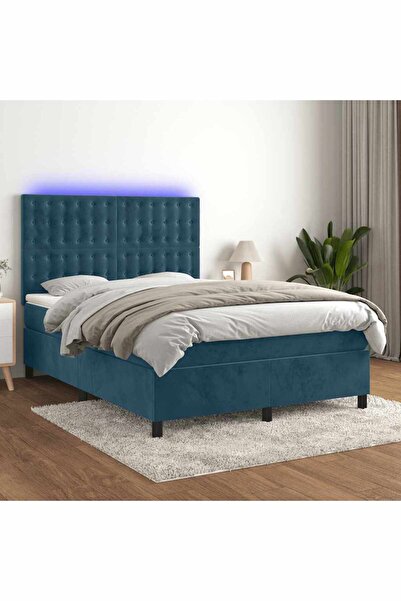 Concept Pat cu arcuri, saltea și LED, bleumarin, 140x190 cm, catifea