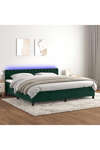 Concept Pat cu arcuri, saltea și LED, verde închis, 200x200 cm, catifea