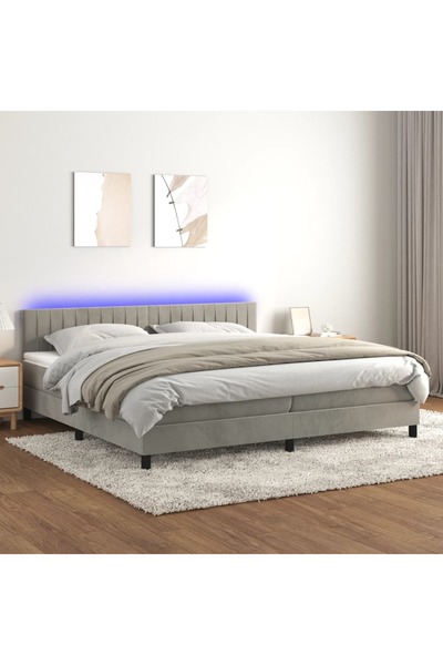 Concept Pat cu arcuri, saltea și LED, gri deschis, 200x200 cm, catifea