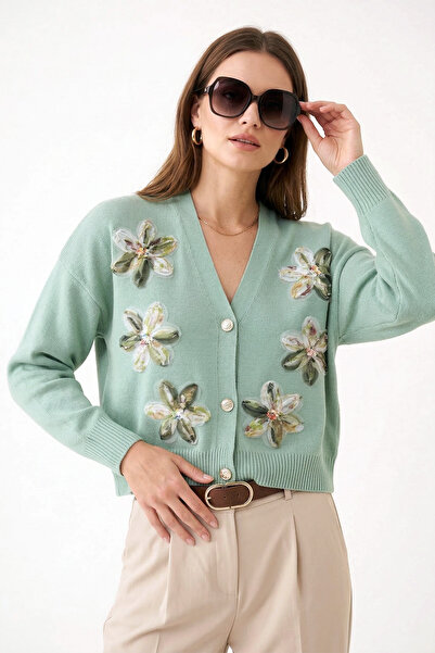 MODAQU Floral Motif Sequin Detailed Cardigan - Water Green