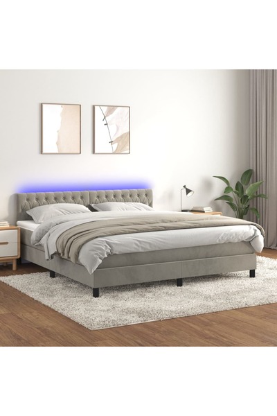 Concept Pat cu arcuri, saltea și LED, gri deschis, 160x200 cm, catifea