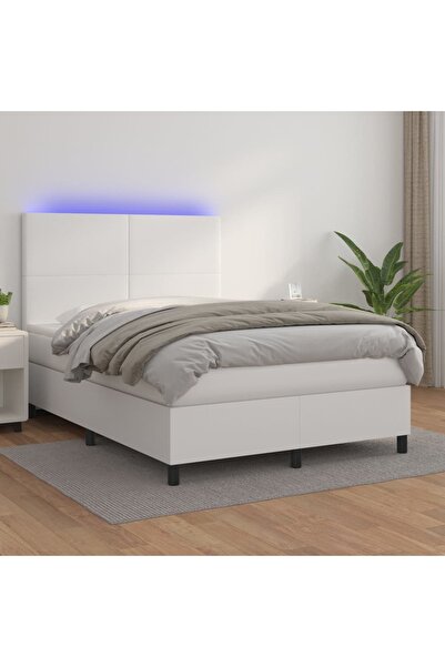 Concept Κρεβάτι με ελατήρια, με στρώμα & LED, λευκό, 140x190 cm, Δερμάτινο