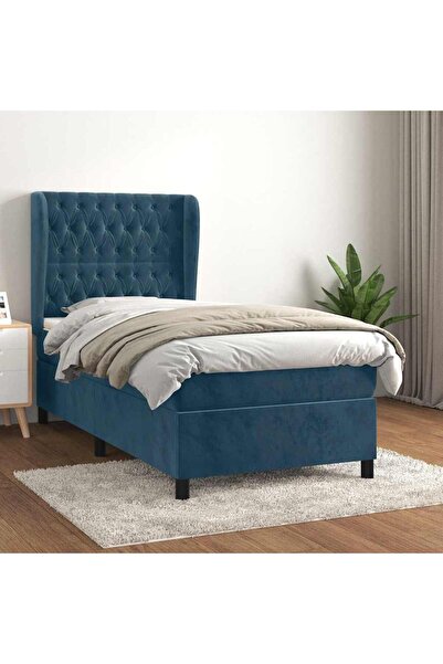 Concept Pat box spring cu saltea, albastru închis, 90x190 cm, catifea