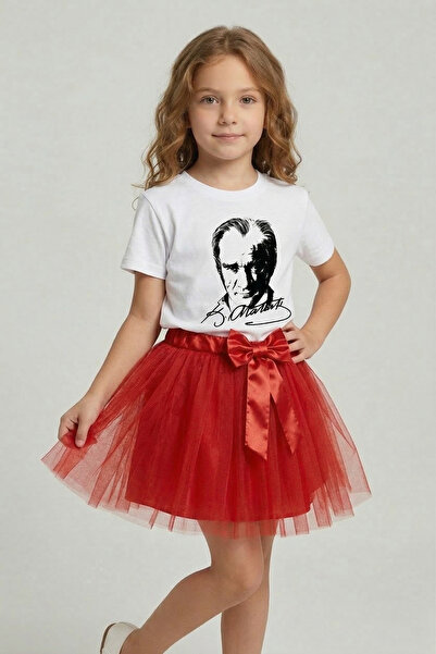 nacar çarşı Κοριτσίστικο λευκό κοντομάνικο μπλουζάκι Ατατούρκ και κόκκινη φού...