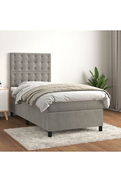 Concept Pat box spring cu saltea, gri deschis, 90x200 cm, catifea