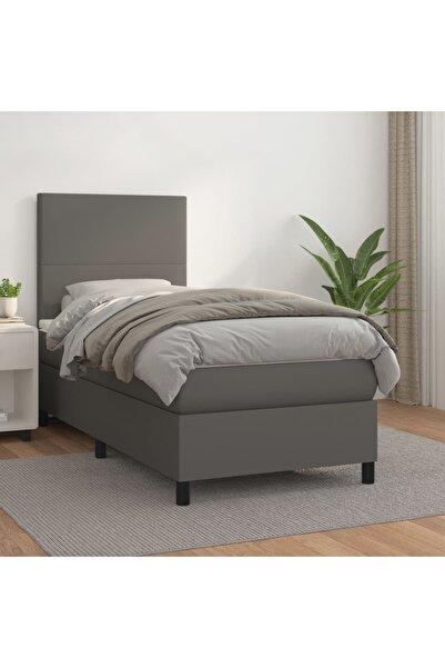 Concept Pat box spring cu saltea, gri, 90x200 cm, piele ecologică