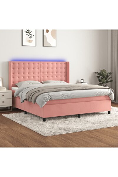 Concept Pat cu arcuri, saltea & LED, roz, 180x200 cm, catifea