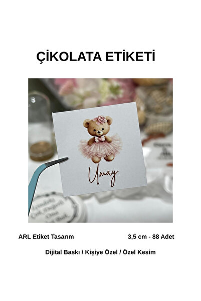 ButikSosyetik Yenidoğan Kız Ayıcık Çikolata Etiketi 3,5x3,5 cm 88 Adet - Viny...