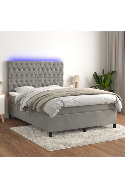 Concept Pat continental cu saltea și LED gri deschis 140x190 cm catifea