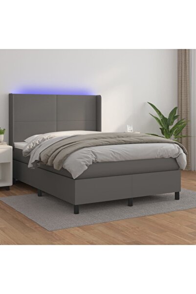 Concept Κρεβάτι με ελατήρια με στρώμα και LED, γκρι, 140x200 cm, Δερμάτινο