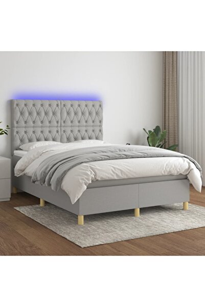 Concept Pat cu arcuri, saltea și LED, gri deschis, 140x190 cm, textil