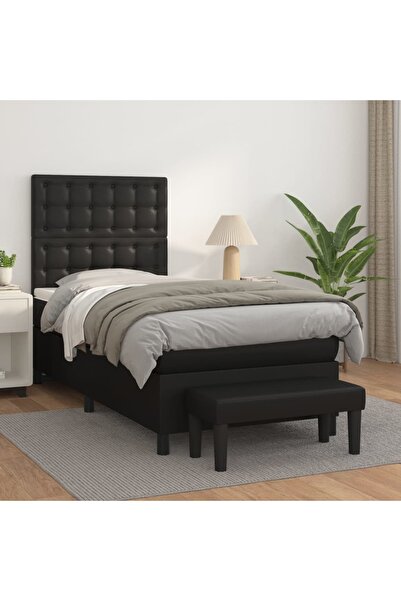 Concept Pat continental cu saltea, negru, 80x200 cm, piele ecologică