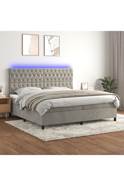 Concept Pat cu arcuri, saltea și LED, gri deschis, 200x200 cm, catifea