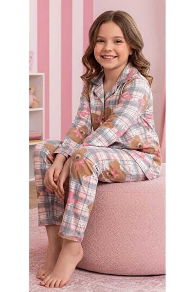 NiCe İç Giyim Gray & Pink Plaid Piece Teddy Bear Pattern Shirt Collar Buttone...