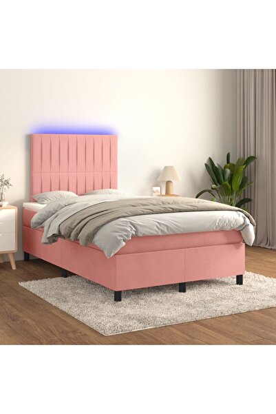 Concept Pat continental cu saltea & LED, roz, 120x200 cm, catifea