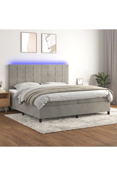 Concept Pat cu arcuri, saltea și LED, gri deschis, 200x200 cm, catifea