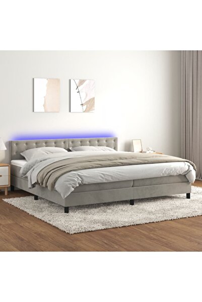 Concept Pat cu arcuri, saltea și LED, gri deschis, 200x200 cm, catifea