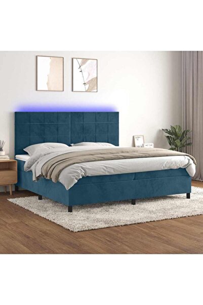 Concept Pat cu arcuri, saltea și LED, bleumarin, 200x200 cm, catifea