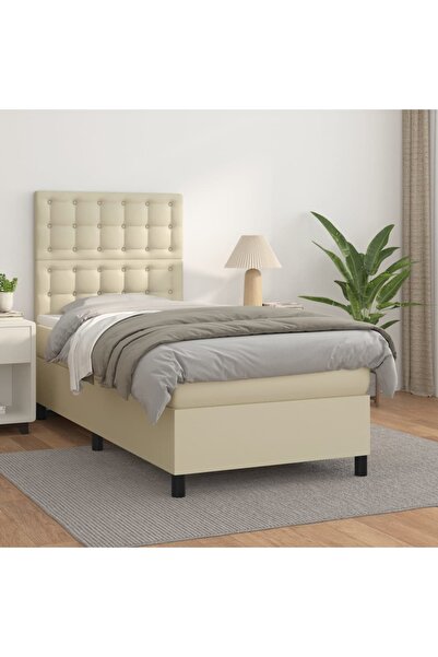 Concept Pat box spring cu saltea, crem, 100x200 cm, piele ecologică