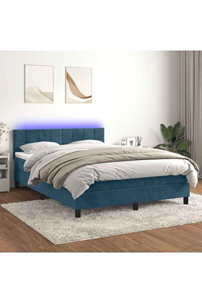 Concept Pat cu arcuri, saltea și LED, bleumarin, 140x190 cm, catifea