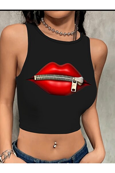 GALASHOP ريد ليب مطبوع ياقة مستديرة قصيرة بقصة قصيرة توب