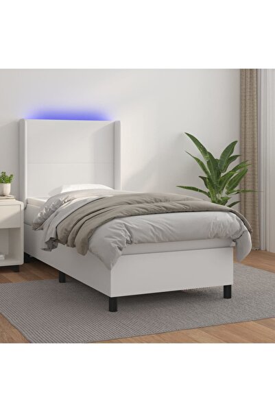 Concept Κρεβάτι με ελατήρια, με στρώμα και LED, λευκό, 100x200 cm, Δερμάτινο