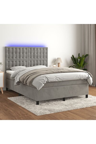 Concept Κρεβάτι Continental με στρώμα και LED ανοιχτό γκρι 140x190 εκ. Βελούδο