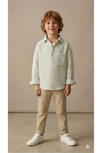 Motebarn Wear Boy's Green Striped Oversized Muslin Shirt - 100% Breathable Co...