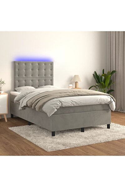 Concept Pat cu arcuri, saltea și LED, gri deschis, 120x200 cm, catifea