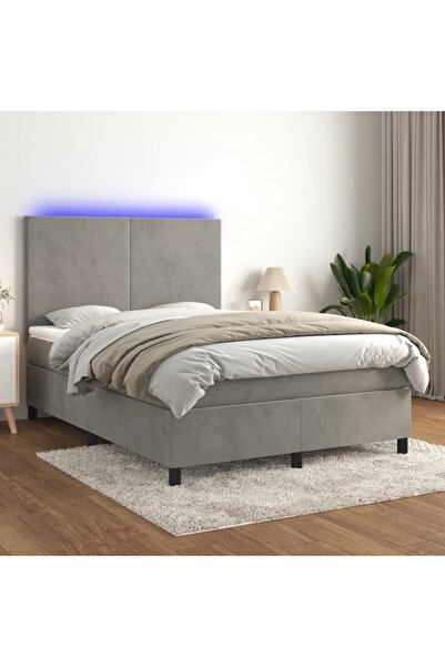 Concept Pat cu arcuri, saltea și LED, gri deschis, 140x200 cm, catifea