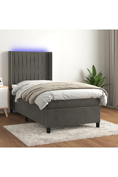 Concept Pat cu arcuri, saltea și LED, gri închis, 90x190 cm, catifea