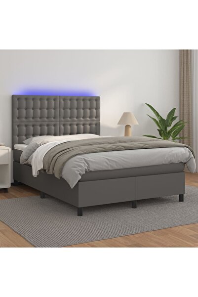 Concept Pat cu arcuri, saltea și LED, gri, 140x200 cm, piele