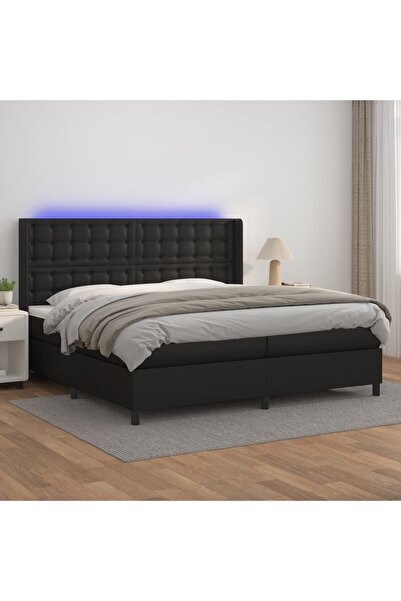 Concept Pat cu arcuri, saltea și LED, negru, 200x200cm, piele ecologică