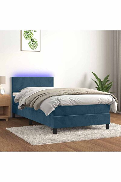 Concept Pat cu arcuri, saltea și LED, bleumarin, 90x200 cm, catifea