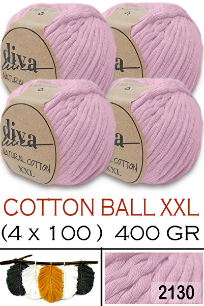 Diva İplik Bumbac natural XXL - 4 mm, șuvițe de macrameu fire - 2130 Roz pudr...