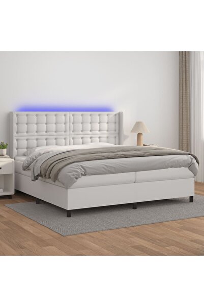 Concept Pat cu arcuri, saltea și LED, alb, 200x200 cm, piele ecologică