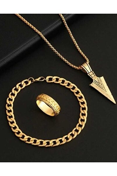 OutfitModa Men's Gold Jewelry Set – Pendant Necklace, Bracelet and Ring, Gift