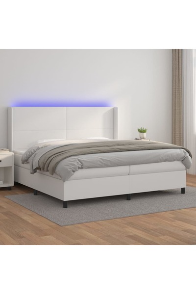 Concept Pat cu arcuri, cu saltea și LED, alb, 200x200 cm, piele