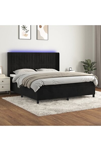 Concept Pat cu arcuri, saltea și LED, negru, 180x200 cm, catifea
