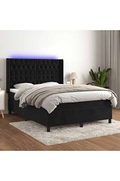 Concept Pat cu arcuri, saltea și LED, negru, 140x200 cm, catifea