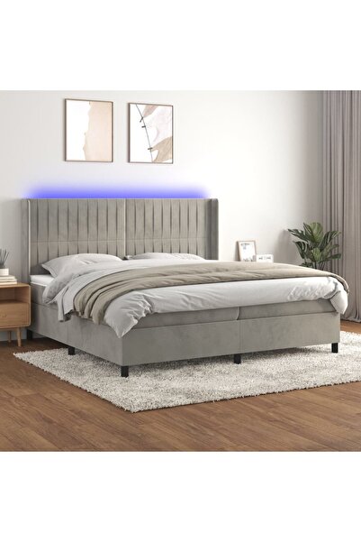 Concept Pat cu arcuri, saltea și LED, gri deschis, 200x200 cm, catifea