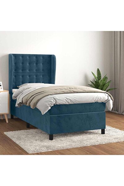 Concept Pat box spring cu saltea, albastru închis, 90x190 cm, catifea