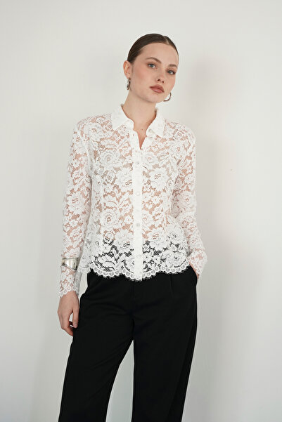 ASEDE Γιακάς πουκαμίσου Πουκάμισο Premium Δαντέλα με μακριά μανίκια και κουμπιά