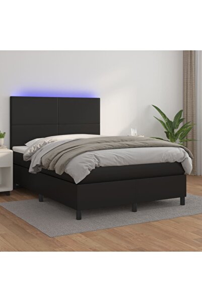 Concept Κρεβάτι με ελατήρια, στρώμα και LED, μαύρο, 140x200 cm, Δερμάτινο
