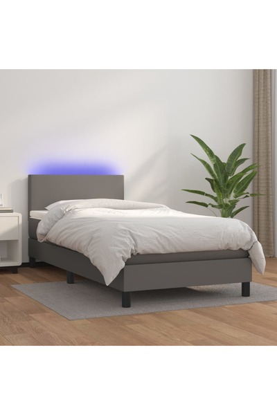 Concept Pat cu arcuri, saltea și LED, gri, 90x200 cm, piele ecologică