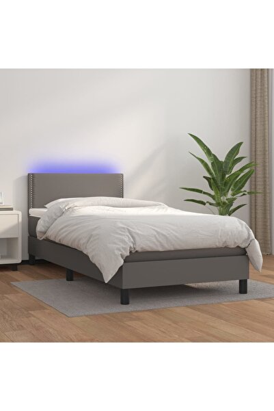 Concept Pat continental cu saltea și LED, gri, 80x200 cm, piele