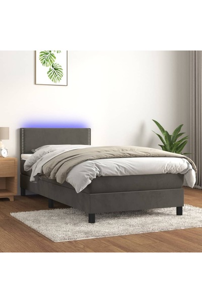 Concept Κρεβάτι με ελατήρια, στρώμα και LED, σκούρο γκρι, 90x200 cm, Βελούδο